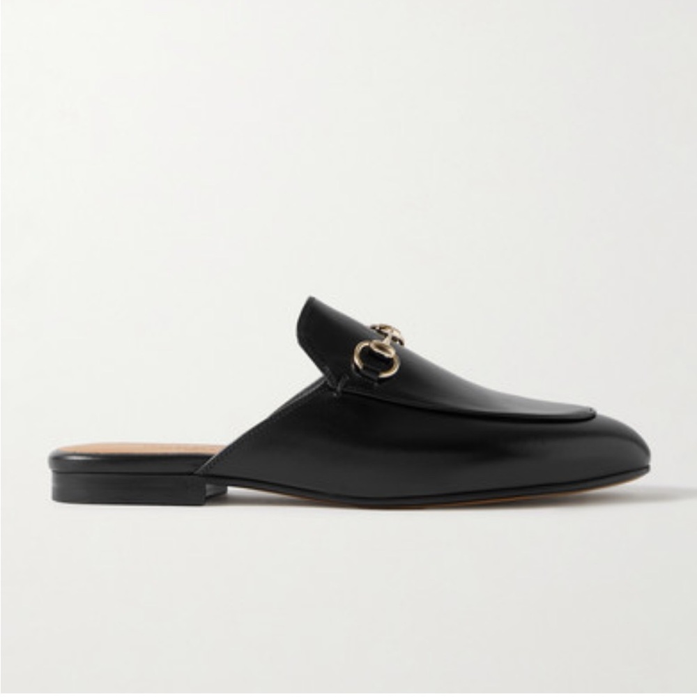 Gucci Black Leather Mules with Gold Detail
